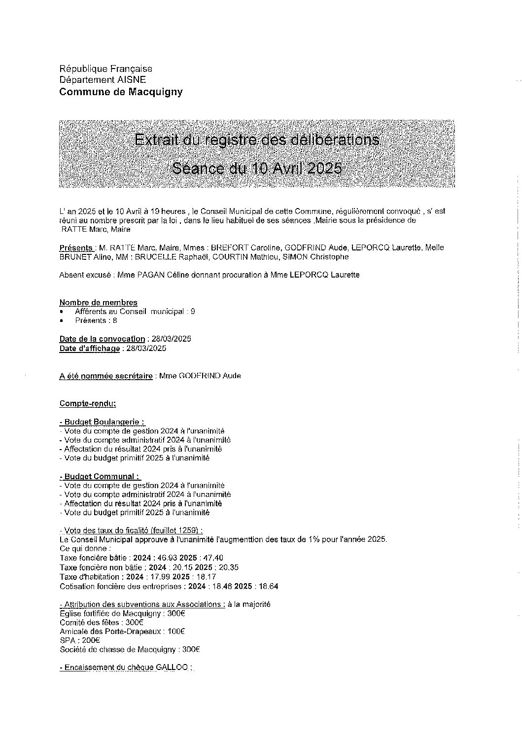 Procés Verbal de la réunionn de Conseil Municipal du 10 avril 2025