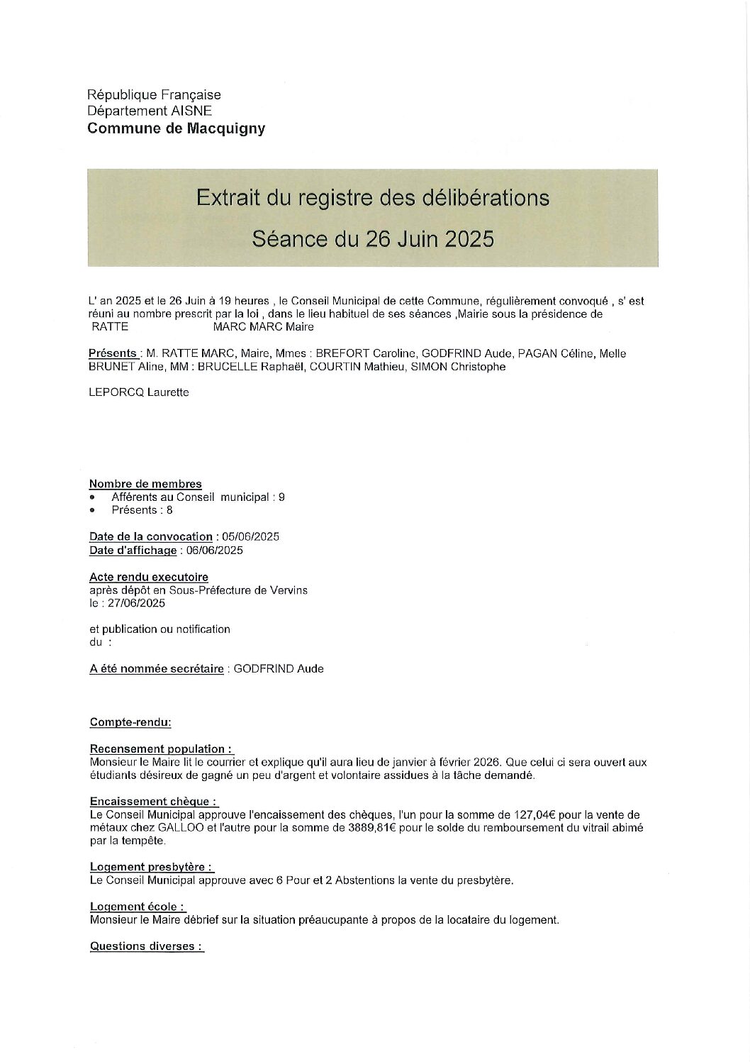 Compte rendu réunion de conseil du 26 juin 2025