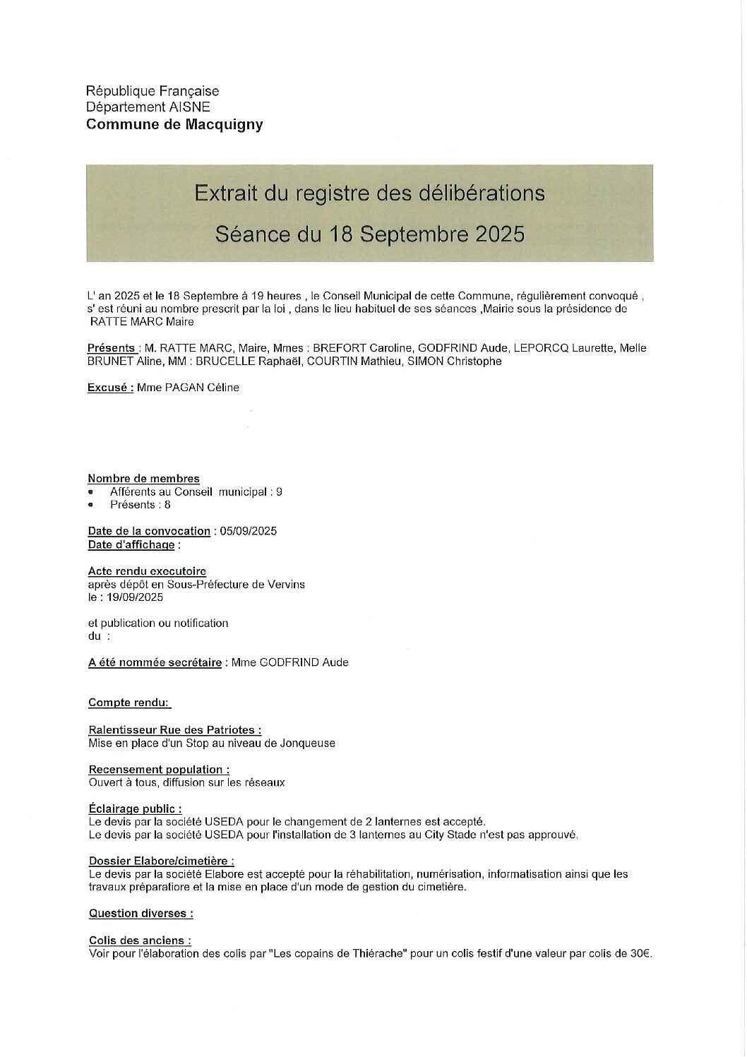 Procès verbal Conseil Municipal du 18/09/2025