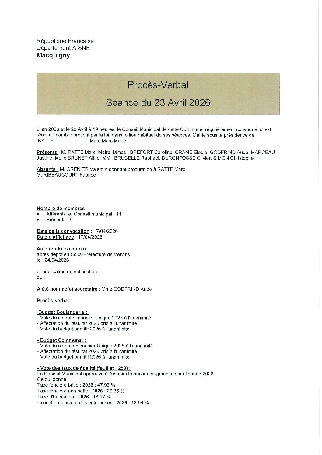 Procès Verbal de la Réunion du Conseil Municipal du 23/04/2026