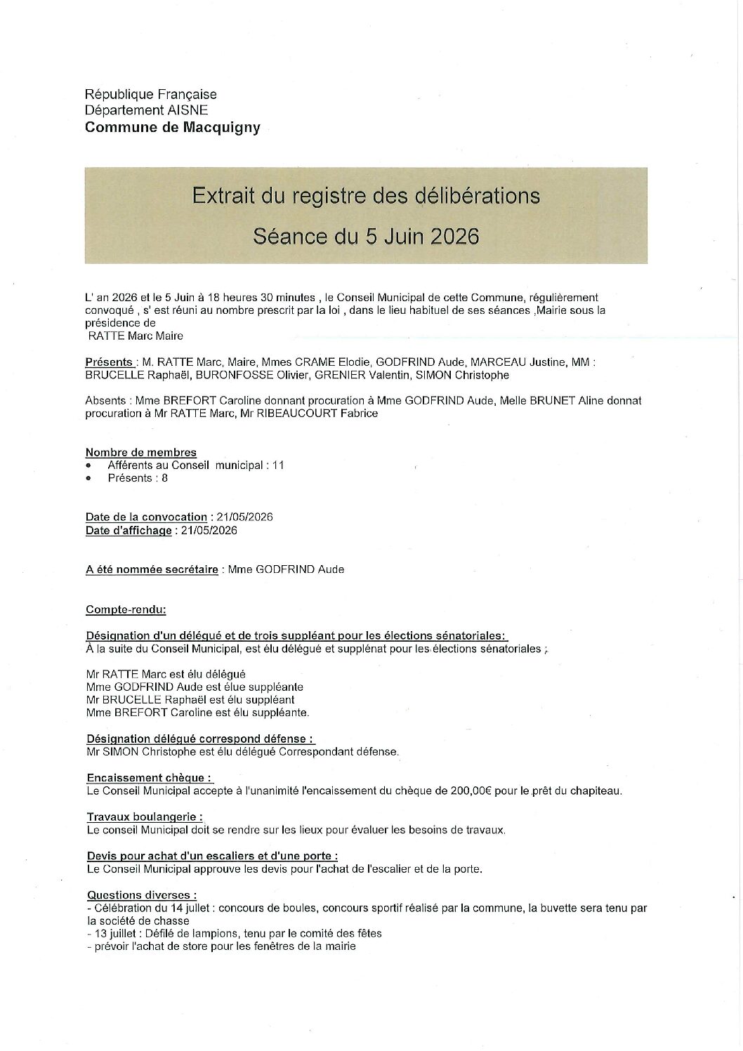 Procès verbal de la réunion du 5 juin 2026