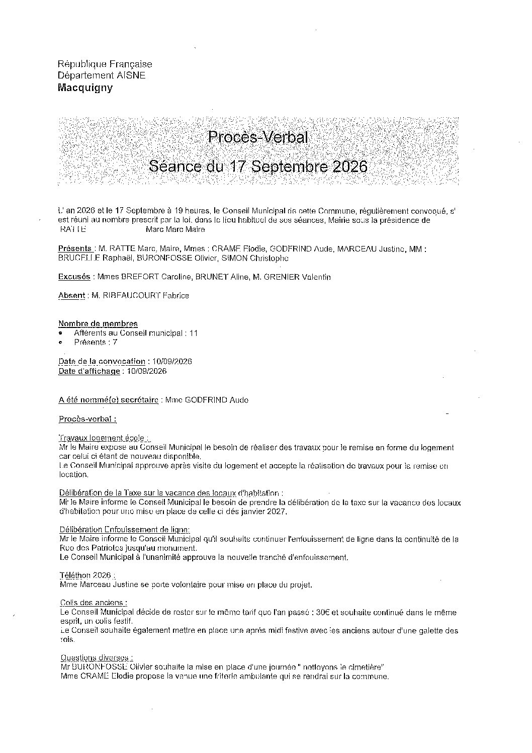 Compte rendu Conseil Municipal du 17 septembre 2026