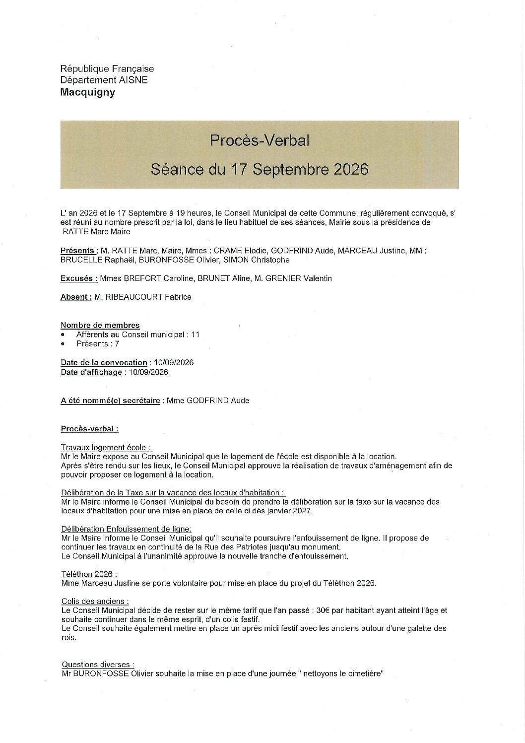 Procès Verbal de la réunion de conseil municipal du 17 septembre 2026